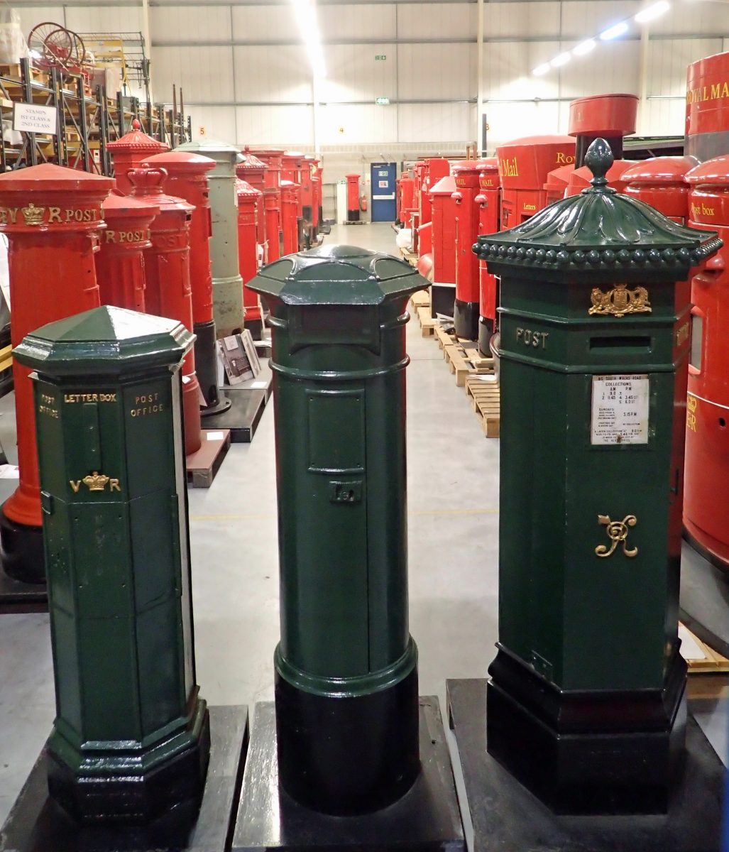 Early Mainland pillar box, First National Standard pillar box and Penfold pillar box; three green painted Victorian pillar boxes in The Postal Museum collection. The author contends that these are painted the incorrect green, additionally being too dark a shade.
