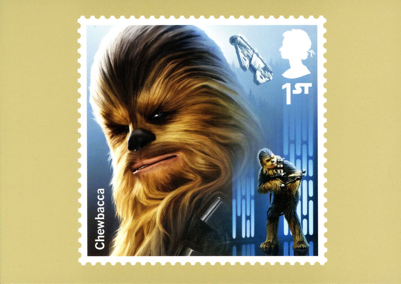 Image of the front of a Chewbacca stamp card from the Star Wars 2017 issue.