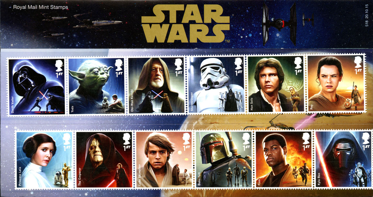 A presentation pack from the 2015 Star Wars issue with the issued stamps on the front.