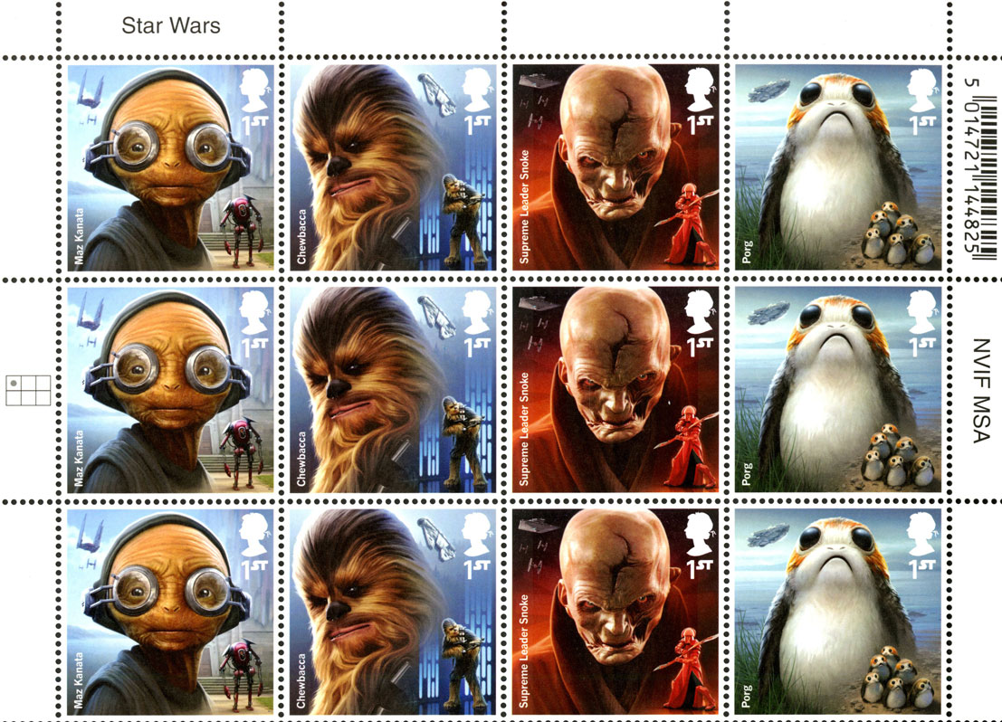 Block of stamps featuring characters from the 2017 Star Wars movie.
