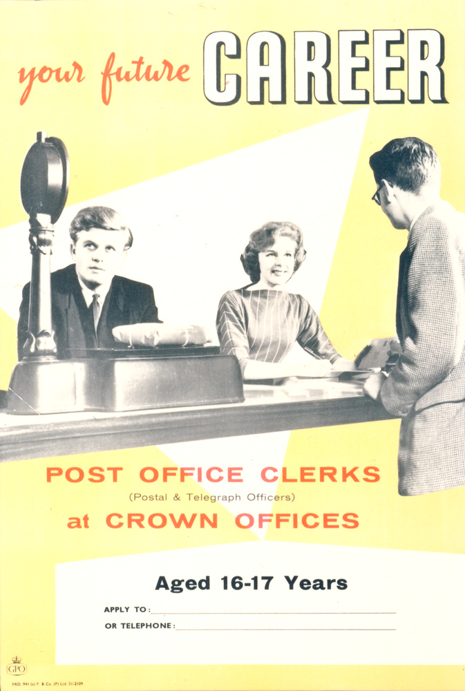 A yellow recruitment poster featuring a a women behind a counter and two men.