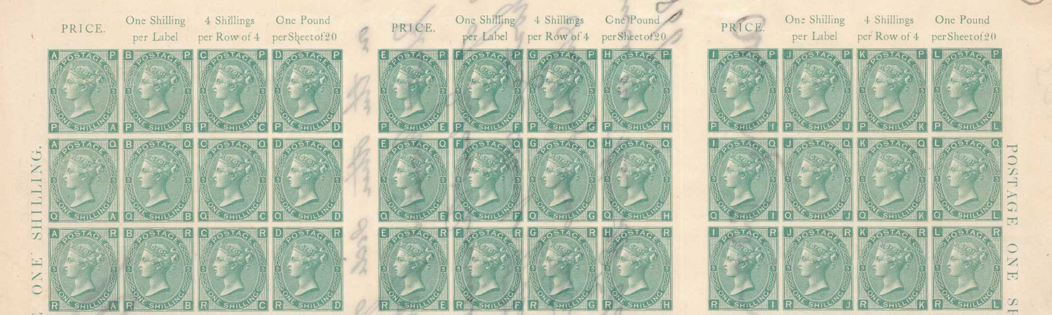 Close up image of three lines from the sheet of one shilling green stamps.