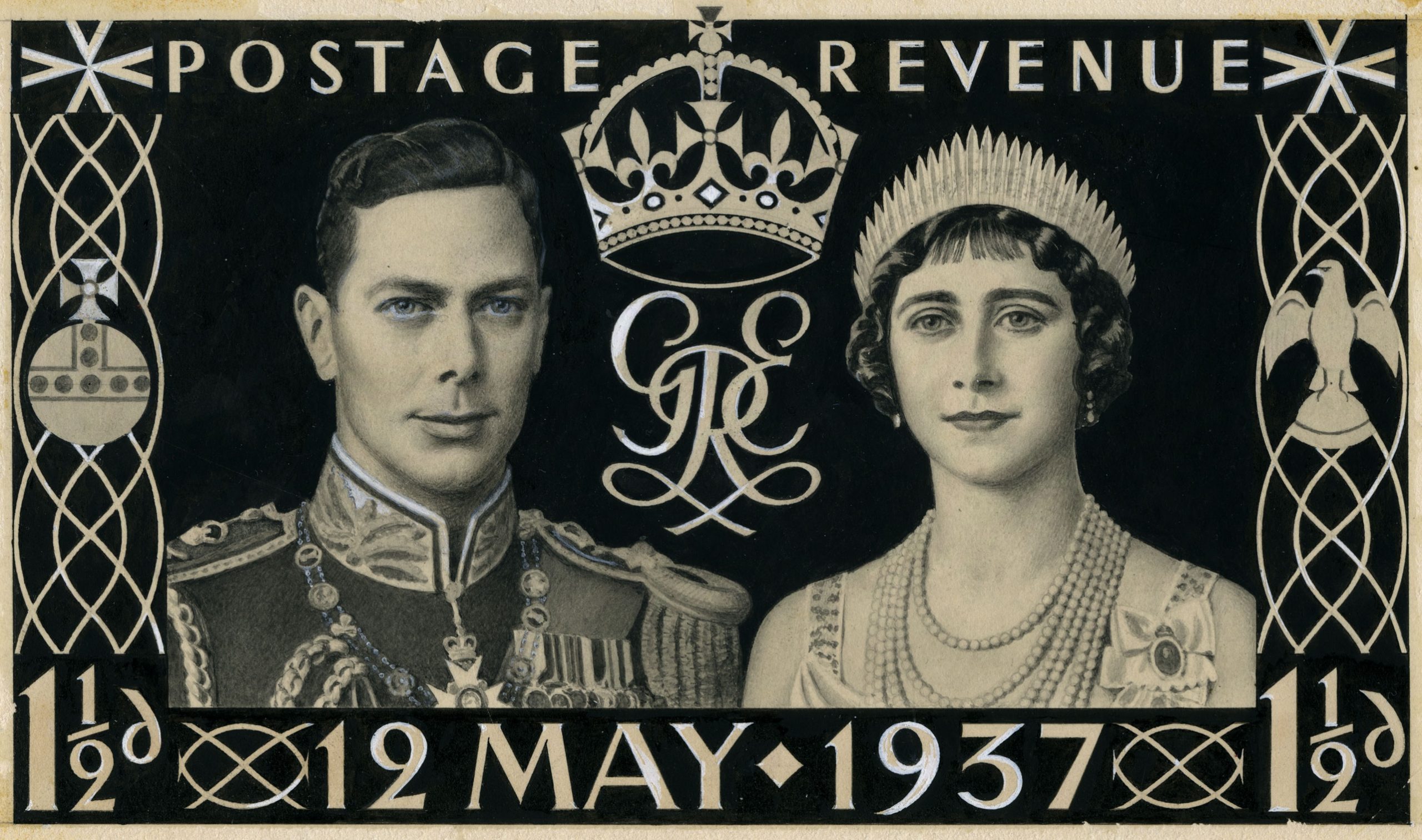Stamp design featuring drawings of the royal couple surrounded by the text 'Postage Revenue', the stamp value and the date '12 May 1937'. 