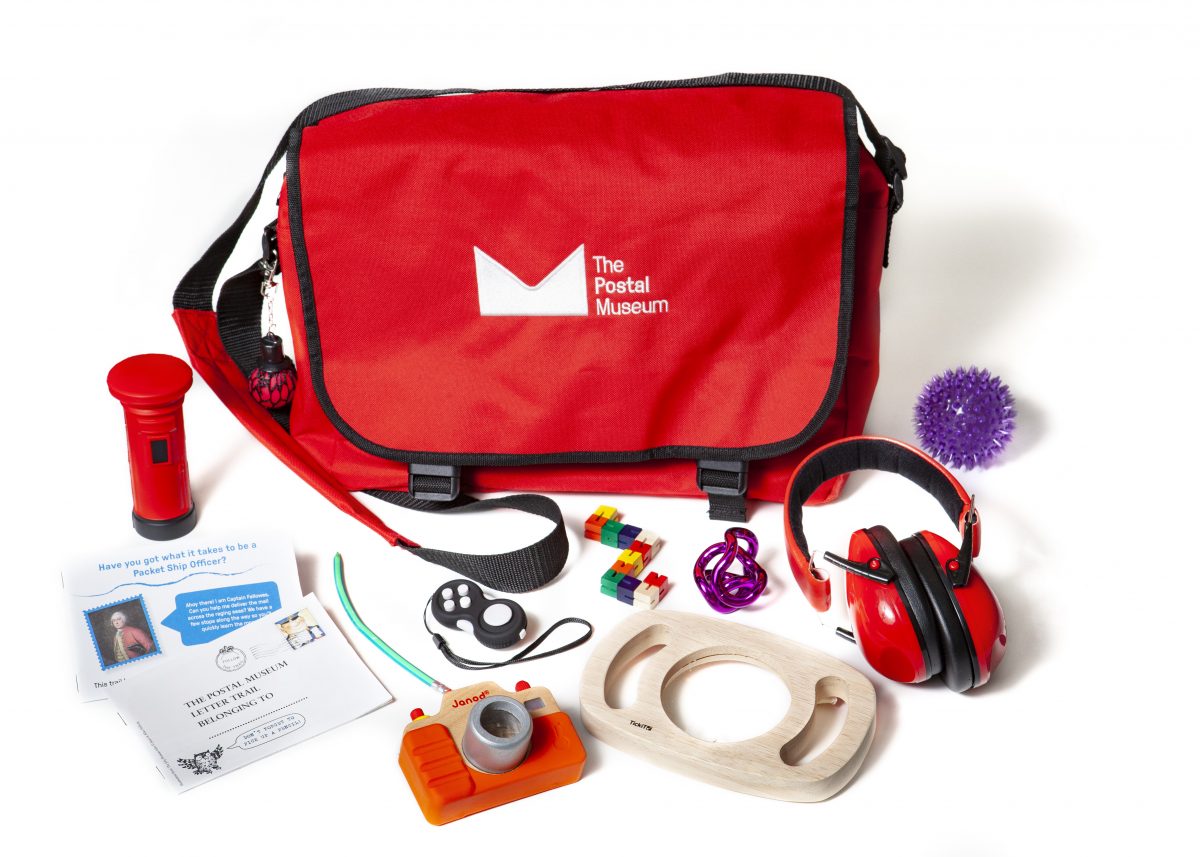 The Postal Museum sensory bag is made out of ear defenders, squeegee toys, a postbox toy, a wood camera, fact sheets and other items. Note that some items might change or might not be available when you visit.