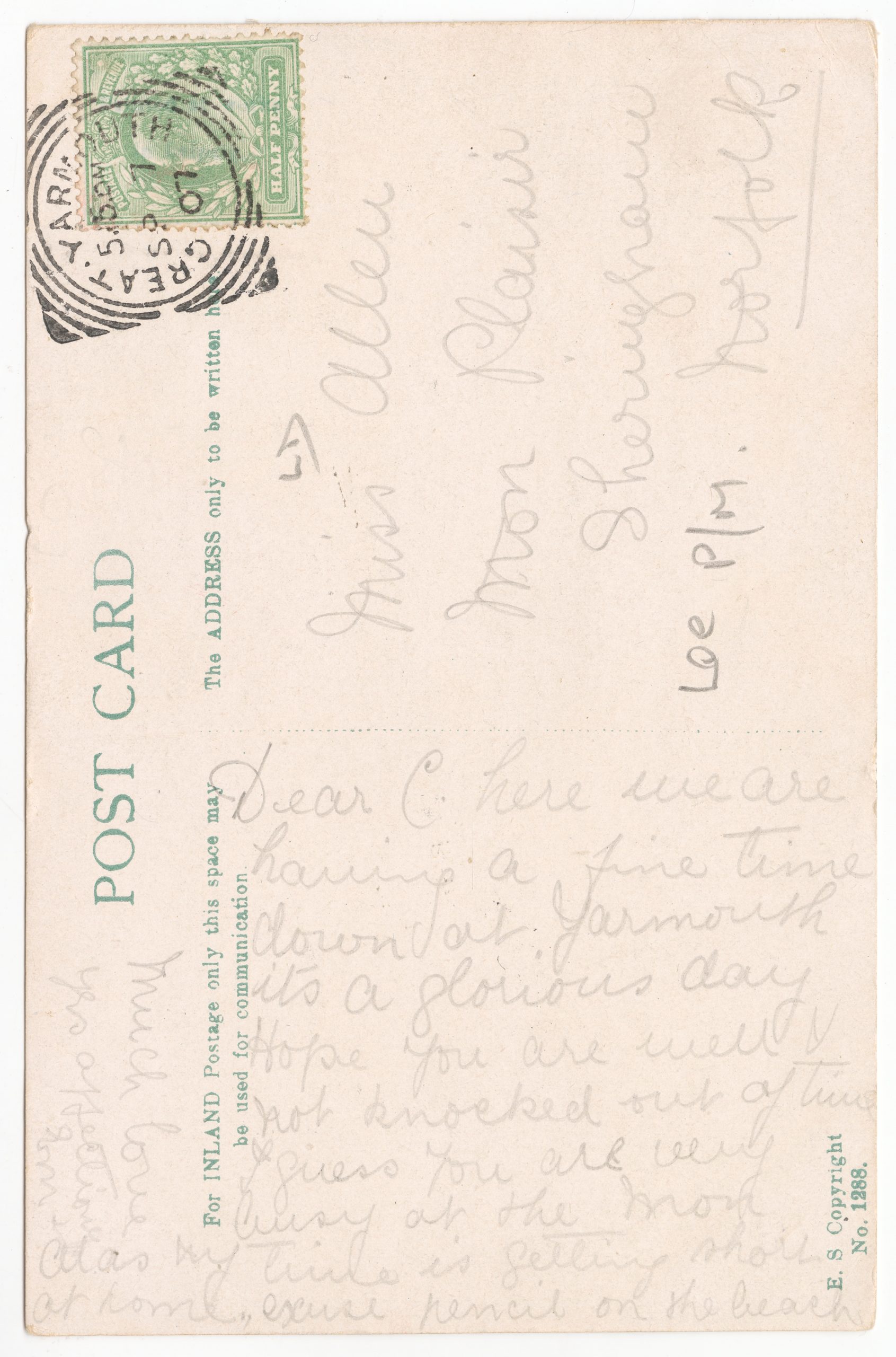 Handwritten postcard message that curves around to find more space for the text.