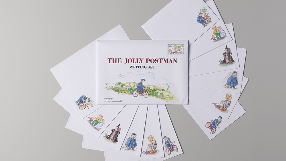 A letter-writing set including drawing of different characters from The Jolly Postman 