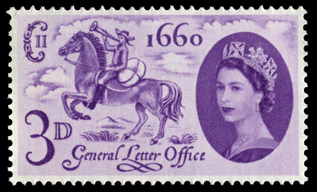 Purple stamp depicting an image of a postboy riding a horse. On the left hand side of the stamp is a portrait on Queen Elizabeth