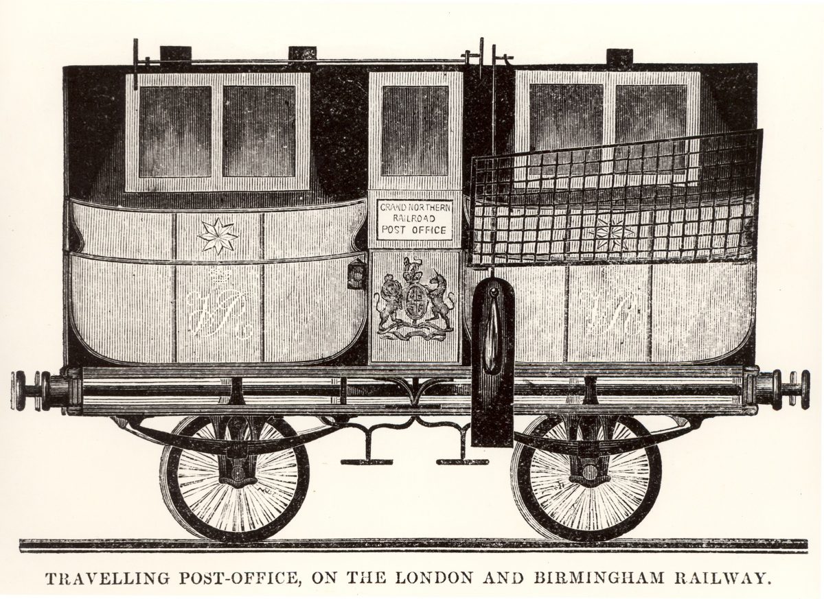 Black and white illustration of the exterior of a Travelling Post Office