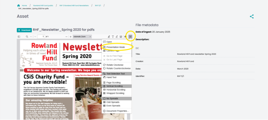 Screenshot of a file in the Portal. Two arrows at the top right-hand corner are highlighted. The option for ‘presentation mode’ is circled.