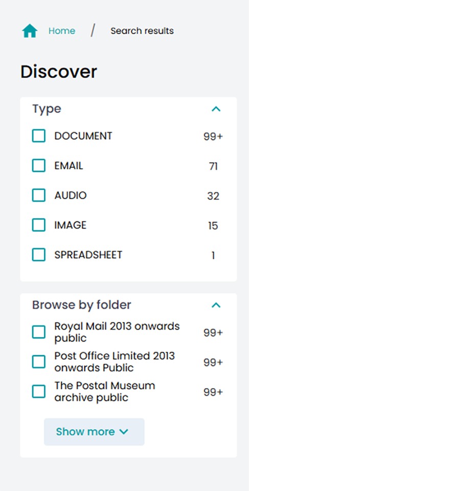 Screenshot from the Digital Collections Portal with tick boxes for ‘type’ of records and ‘browse by folder’. Each tick box includes a term such as ‘document’ and a number of items.