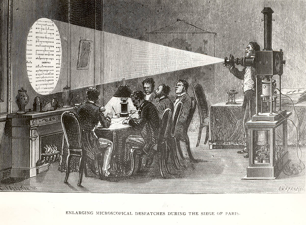 An engraving that depicts men enlarging microscopical prints during the Siege of Paris in 1870, which was used by the GPO in 1942 as a reference for the Airgraph Service.